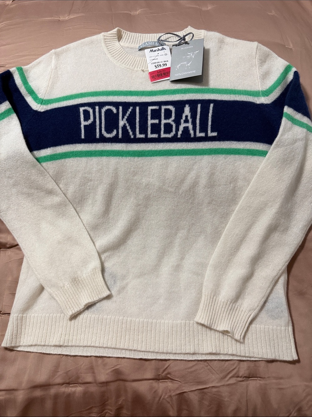 Pickleball Knit Crewneck Sweater - Cream w/ Navy & Green 100% Cashmere - size L